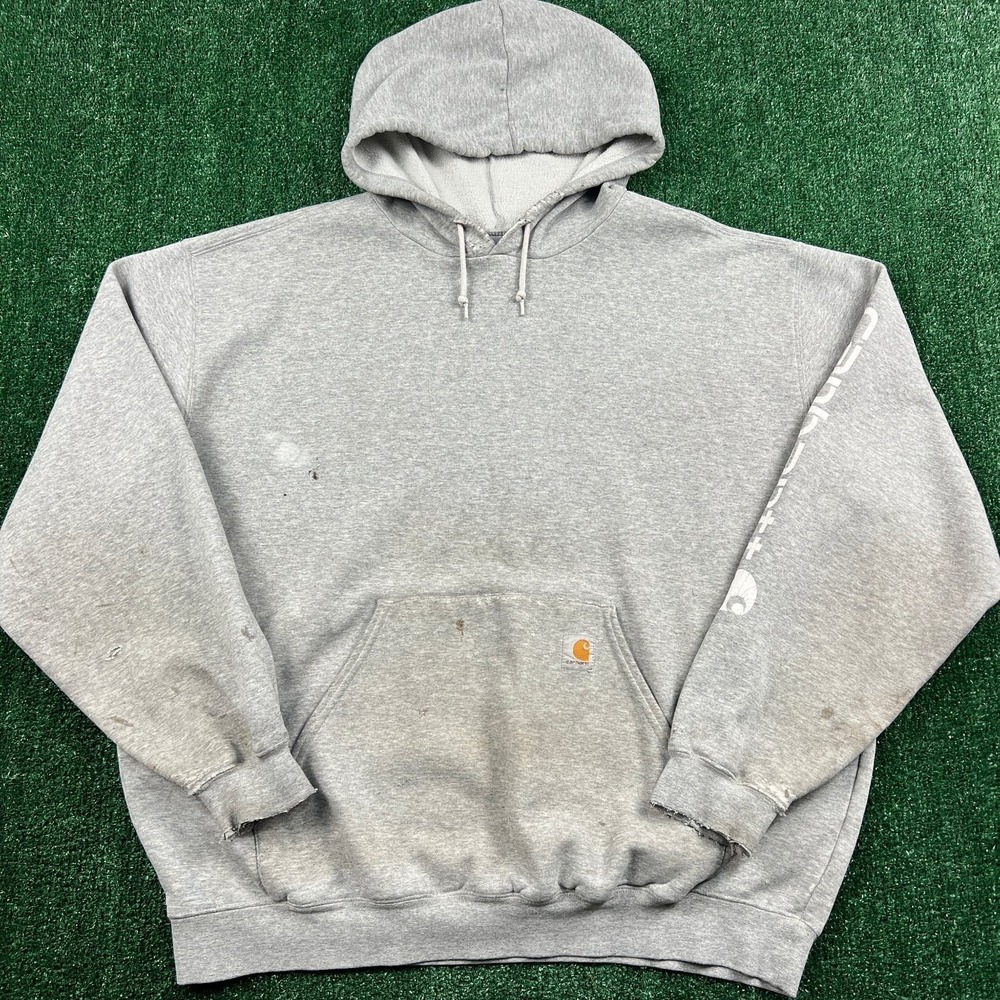 VTG Carhartt Hoodie Men's 2XL Gray Distressed Work Heavyweight Cotton Blend Y2K